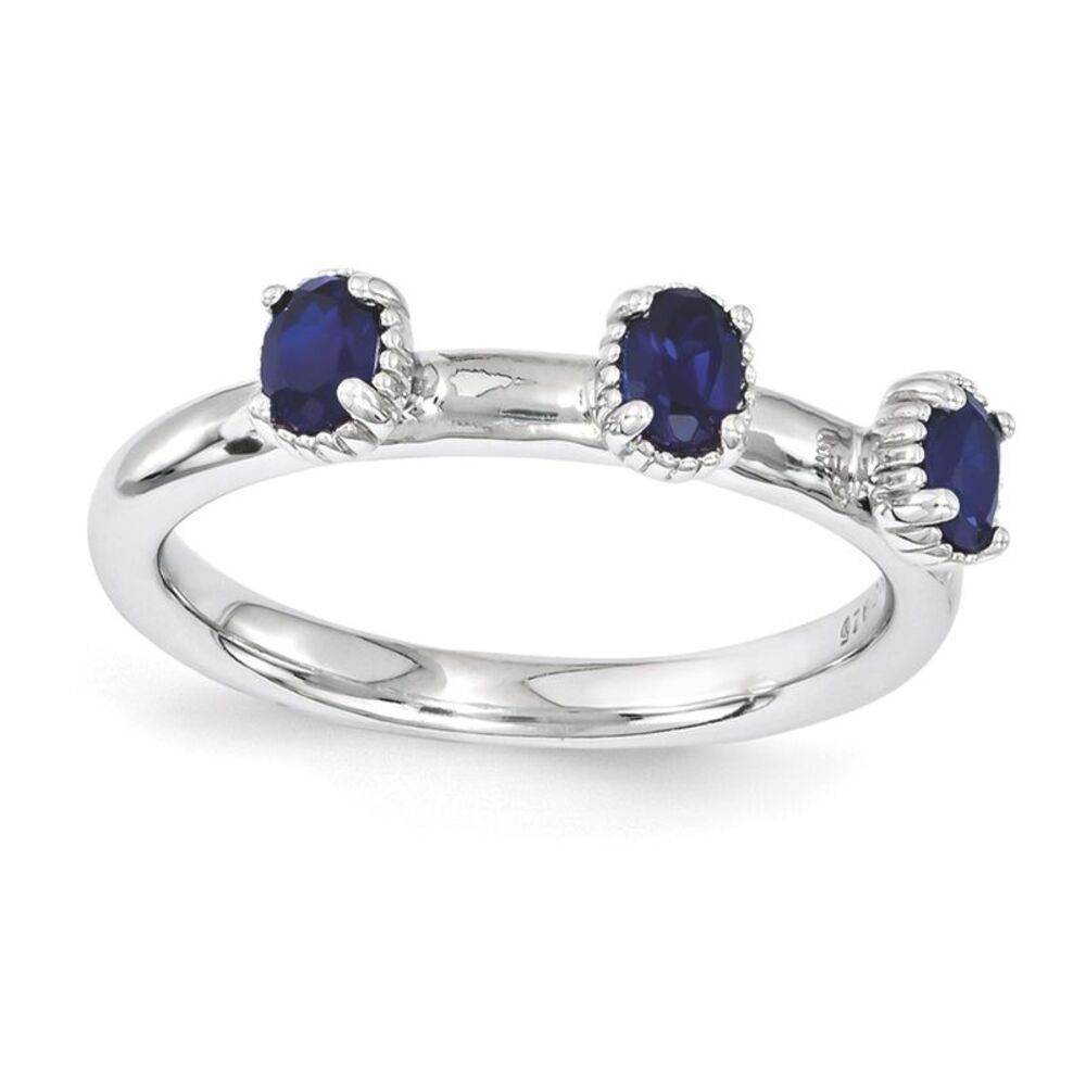 Sterling Silver Stackable Created Sapphire Oval Three Stone Ring Sz 7